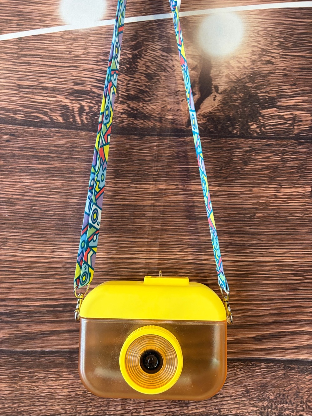 Yellow Portable Kids canteen/ water bottle Camera design with Patterned Strap